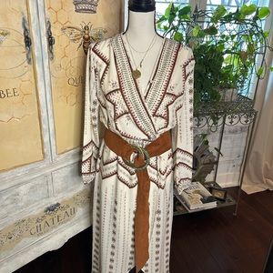 Fraiche faux draped midi dress with elastic waist.